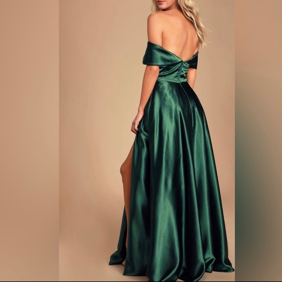 Lulus Greatest Hits Forest Green Satin Off-the-Shoulder Maxi Dress ,Size :S - Picture 3 of 6